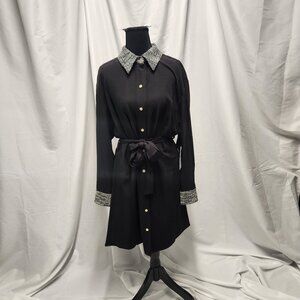Emma & Michele Black Shirt Dress – Tweed Trim | Size M | NWT